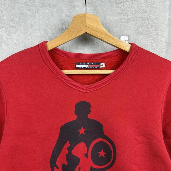 Tommy Hilfiger x Marvel Captain America Red V-Neck Sweatshirt Wmns Size L VTG - Picture 3 of 9